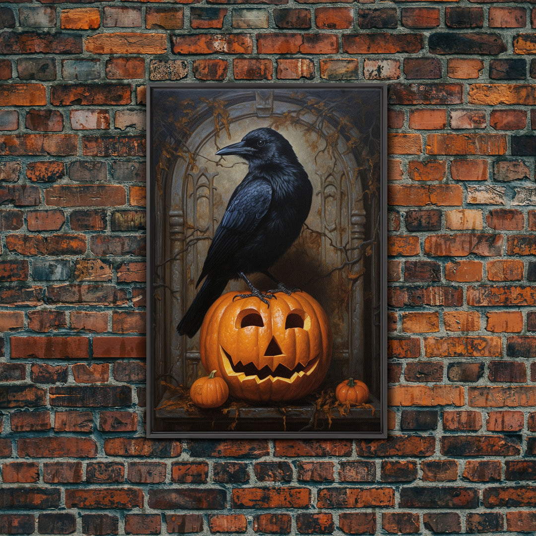 Macabre Crow Atop A Jack O Lantern, Framed Canvas Print, Halloween Decor, Raven Painting, Victorian Oil Painting Print, Macabre Horror Print