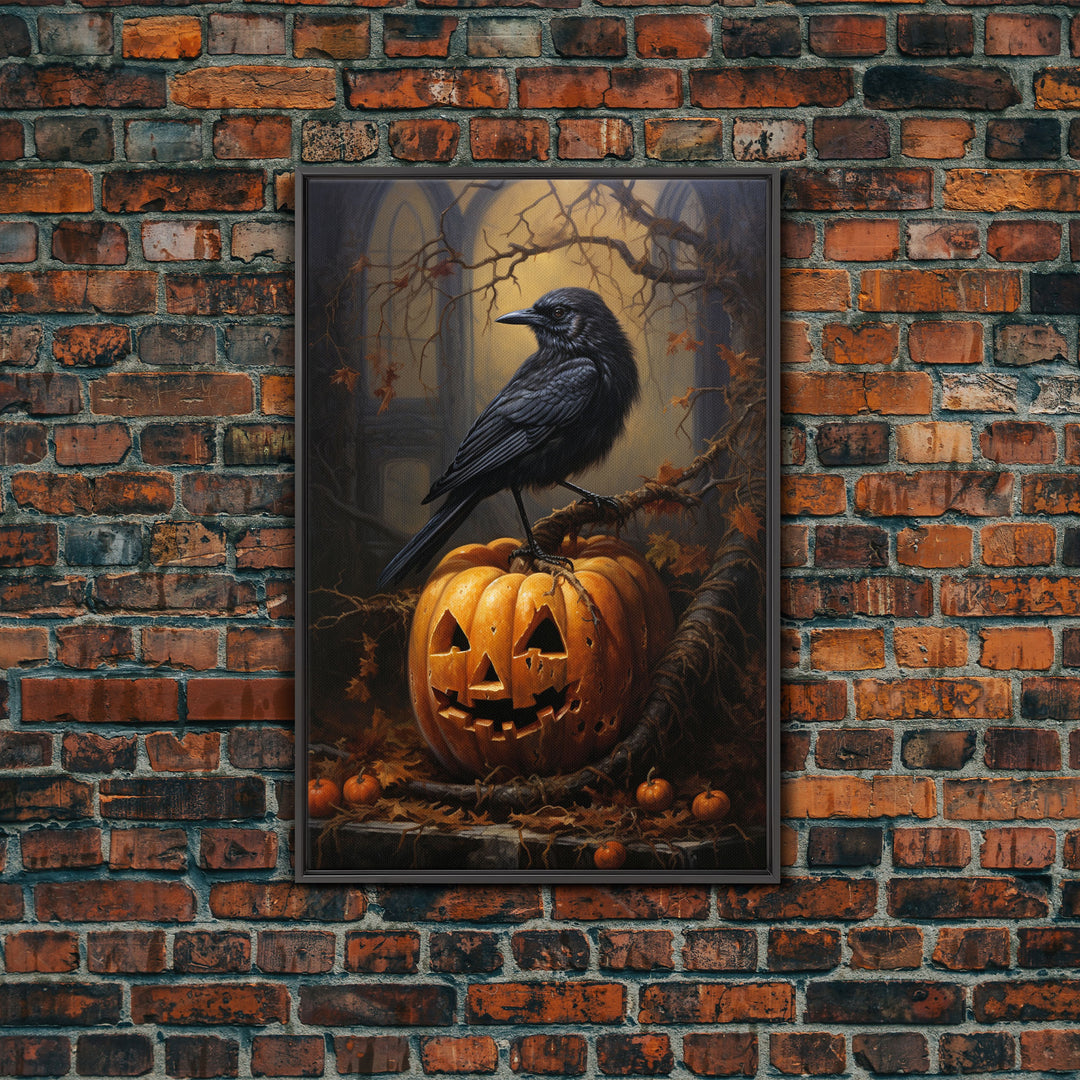 Raven Atop A Jack O Lantern, Framed Canvas Print, Halloween Decor, Raven Painting, Victorian Oil Painting Print, Macabre Horror, Witch Art