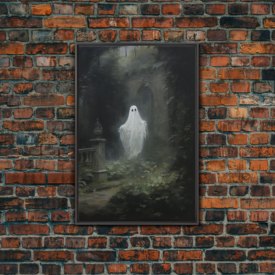 The Ghost In The Garden, Halloween Canvas Print, Framed Canvas Art, Halloween Decor, Dark Academia, Horror Prints, Oil Painting