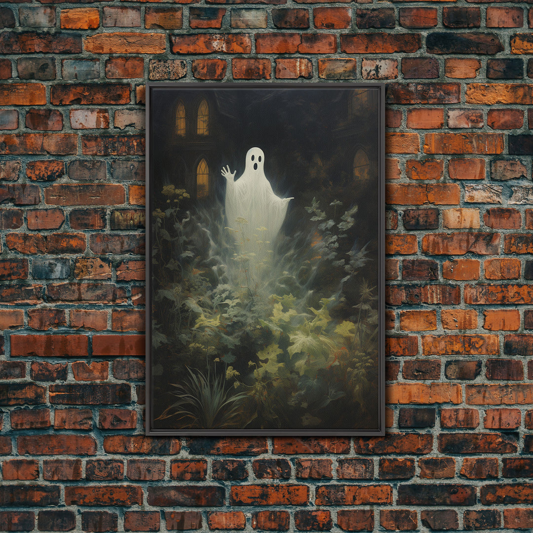 The Waving Ghost In The Garden, Halloween Canvas Print, Framed Canvas Art, Halloween Decor, Dark Academia, Horror Prints, Oil Painting