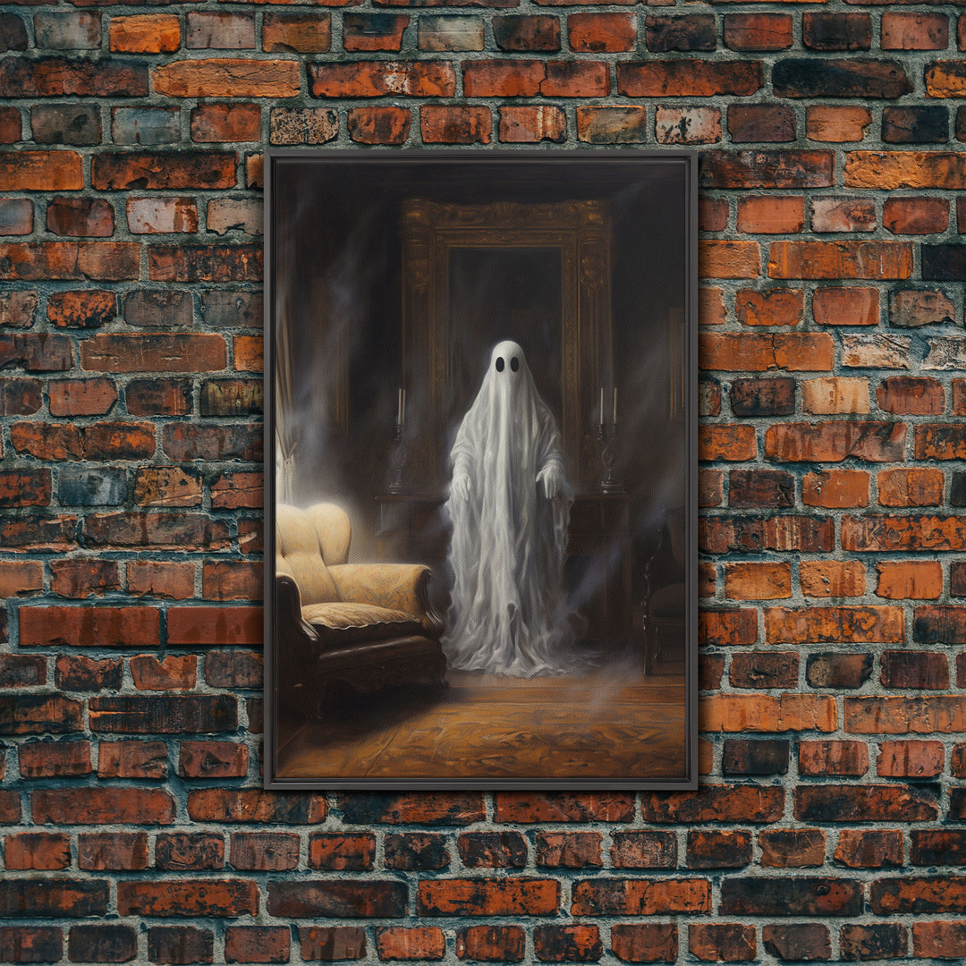 The Ghost In The Mirror, Ghost Print, Framed Canvas, Halloween Canvas Print, Horror Print, Macabre Dark Academia Wall Art