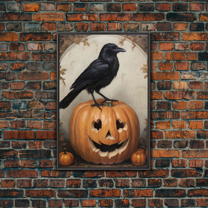 Vintage Halloween Crow Print, Raven On A Jack O Lantern Oil Painting Framed Canvas Print, Retro Halloween Wall Art, Macabre Art