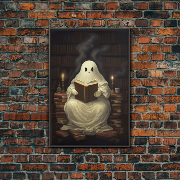 The Reading Ghost, Victorian Halloween Art, Funny Halloween, Framed Canvas, Halloween Canvas Art, Macabre Goth Art