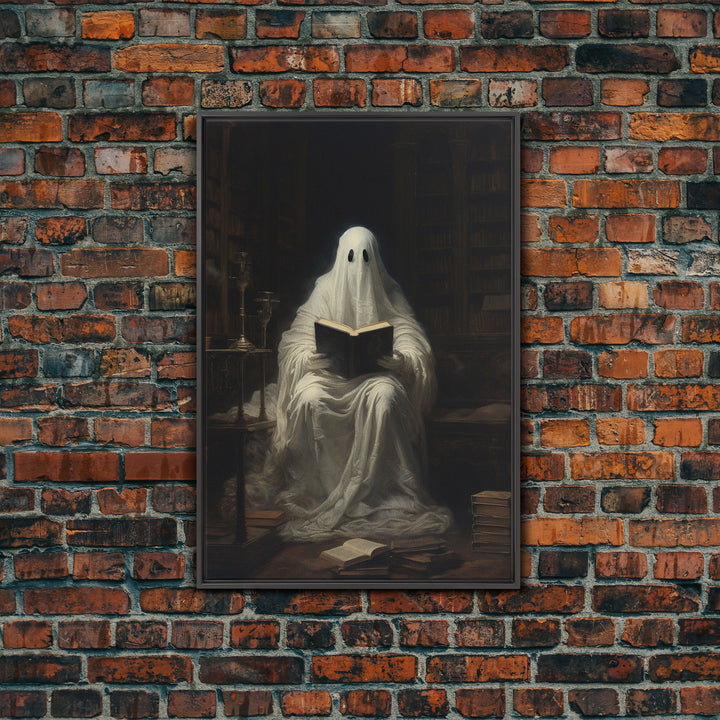 The Reading Ghost, Victorian Halloween Art, Funny Halloween, Framed Canvas, Halloween Canvas Art, Macabre Goth Art