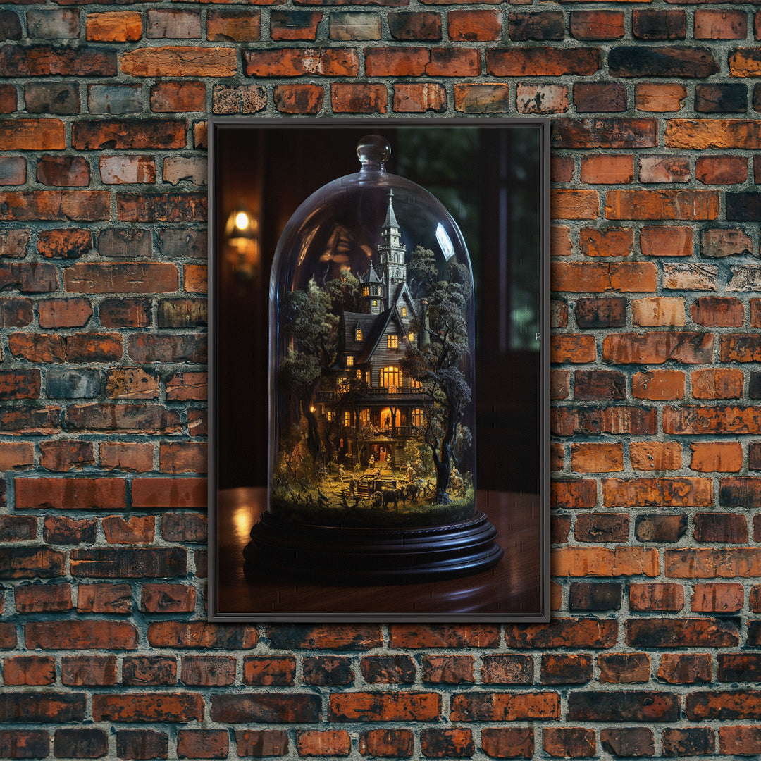 Halloween Snowglobe Art, Framed Canvas Print, Haunted Victorian Mansion In A Bubble, Tiny Worlds, Mini Worlds Art, Vintage Halloween Art