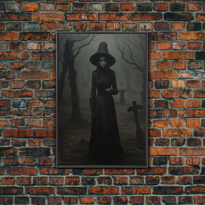 The Witch In The Cemetary, Vintage Halloween Witch Art, Halloween Canvas Printed / Framed Canvas, Witchy Decor, Witchcraft, Dark Academia