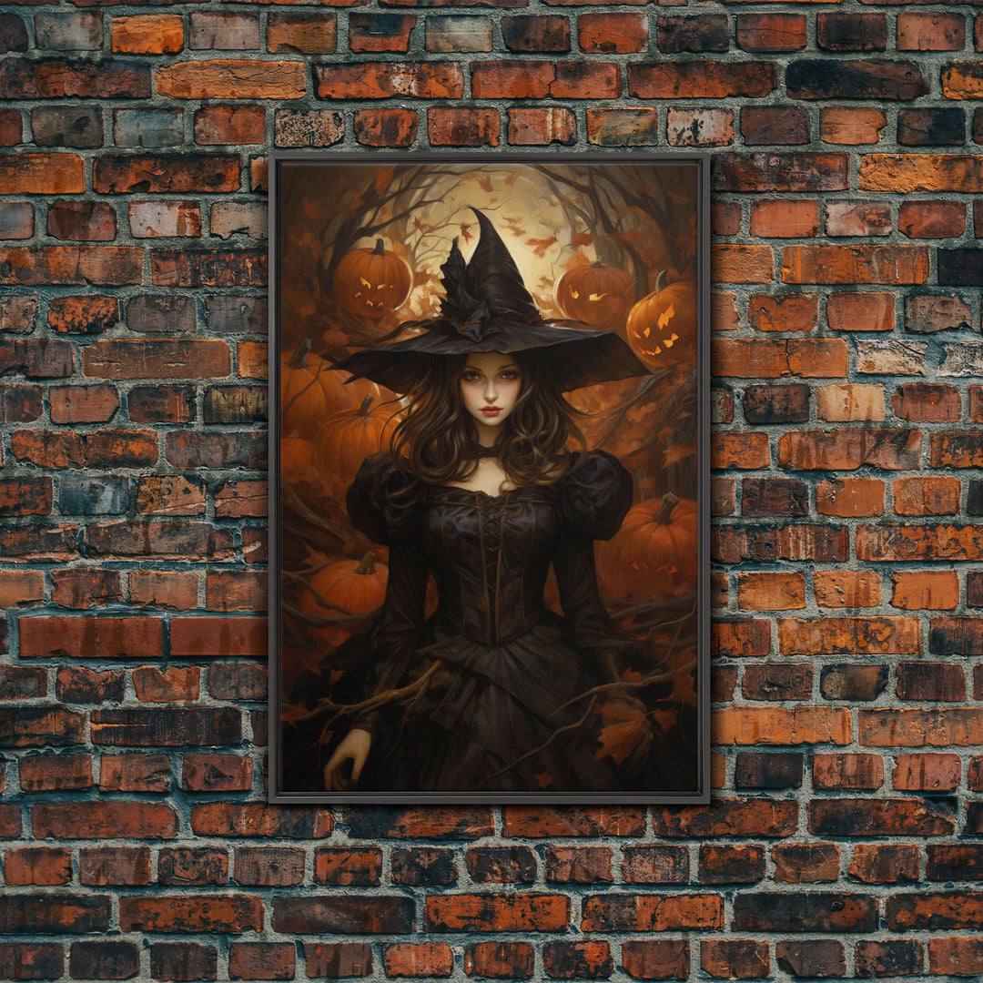 Beautiful Gothic Witch Art, Framed Halloween Canvas, Canvas Print, Spooky Halloween Wall Art, Halloween Deco, Witchy Art Pumpkin Patch Witch