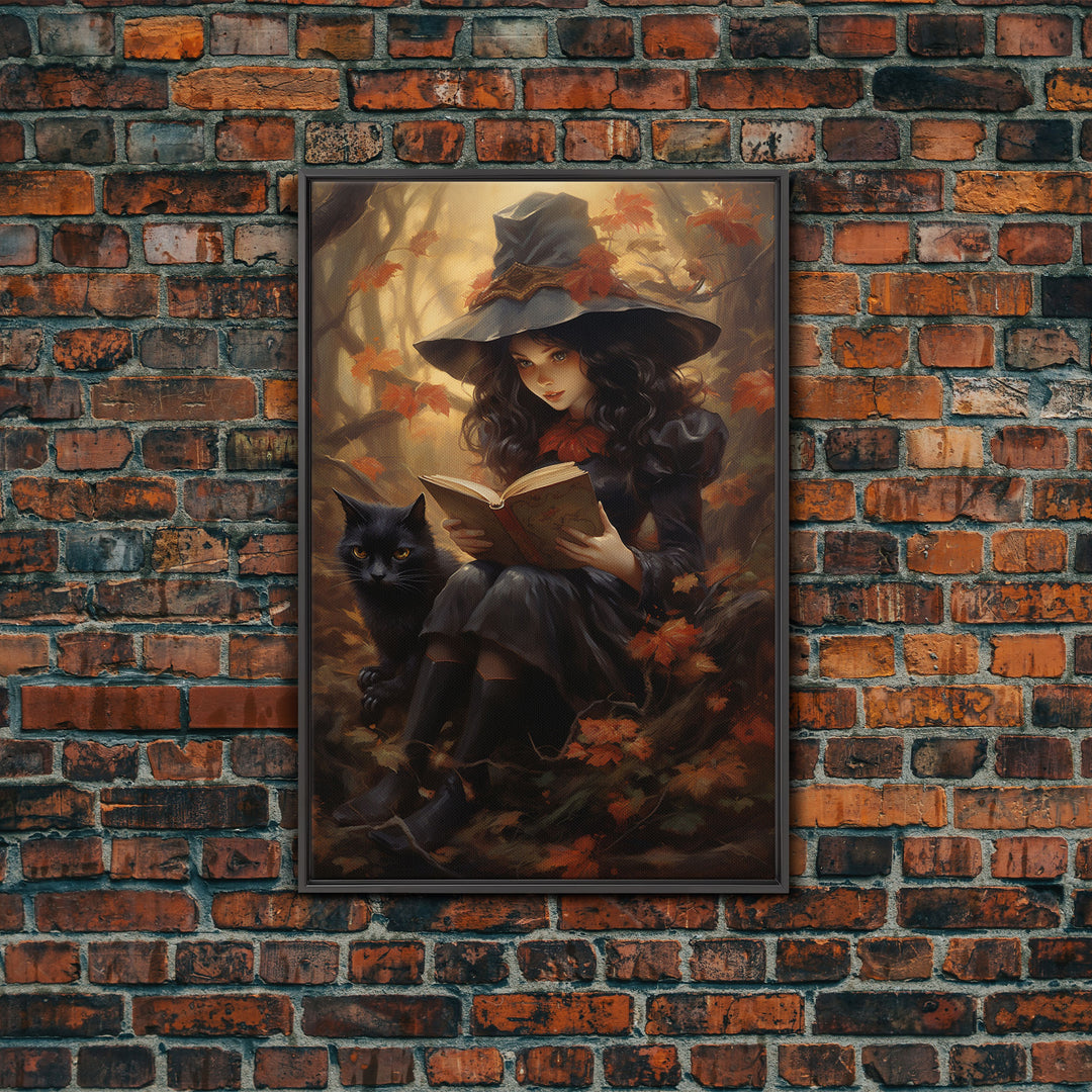 Cute Little Witch Reading Spells To Her Black Cat Familiar, Vintage Halloween Art, Framed Canvas Print, Halloween Canvas Art, Witchcraft