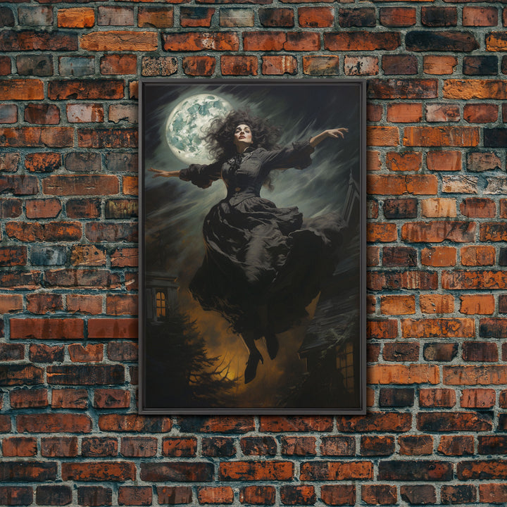 The Wicked Witch, Halloween Canvas, Framed Canvas Print, Spooky Gothic Oil Painting, Witch Flying Through The Air Against A Full Moon, Witch