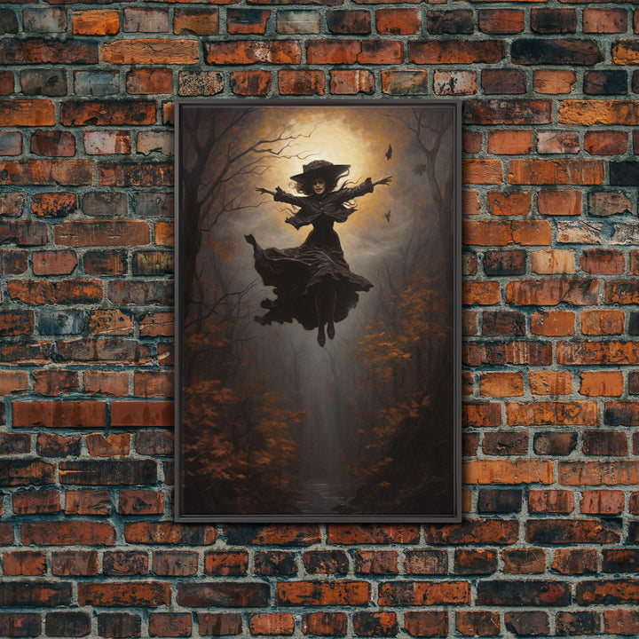 The Wicked Witch, Halloween Canvas, Framed Canvas Print, Spooky Gothic Oil Painting, Witch Flying Through The Air Against A Full Moon, Witch