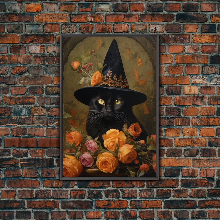 Cute Witch's Familiar Cat Halloween Art, Cat Witch, Cat Painting, Cute Cat Print, Halloween Decor, Black Cat Print, Framed Canvas / Canvas