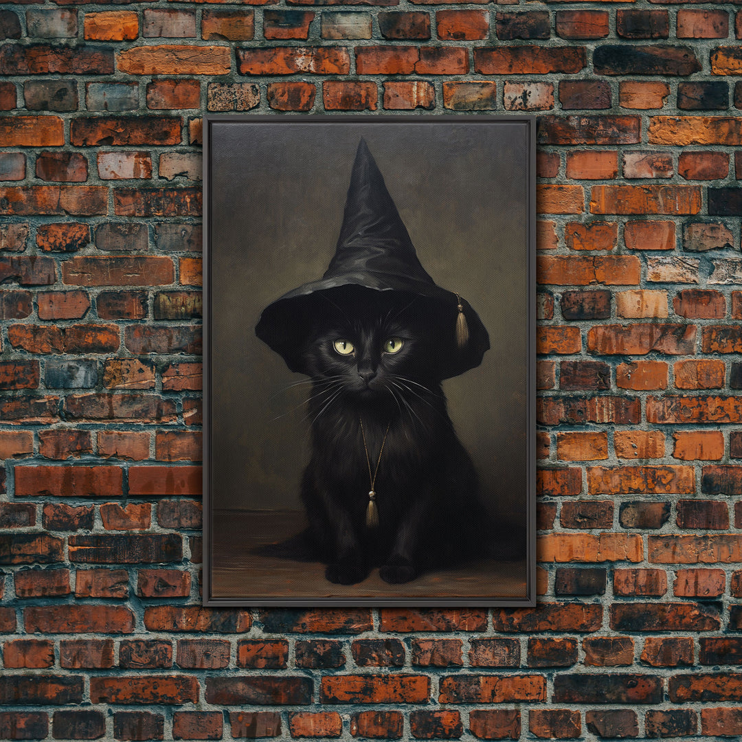 Cute Witch's Familiar Cat Halloween Art, Cat Witch, Cat Painting, Cute Cat Print, Halloween Decor, Black Cat Print, Framed Canvas / Canvas