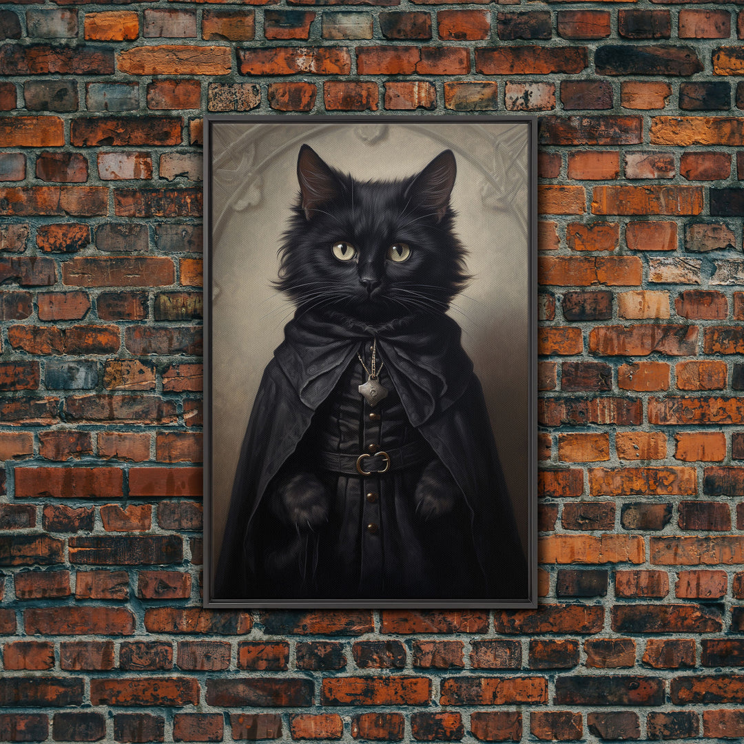 Cute Victorian Cat Portrait, Halloween Decor, Oil Painting Of A Gothic Victorian Cat, Halloween Wall Art, Framed Canvas Print