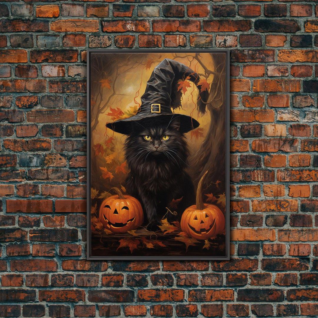 The Witch Cat With Her Jack O Lanterns, Framed Canvas Print, Dark Academia Halloween Art, Victorian Cat Oil Painting, Goth Halloween Decor