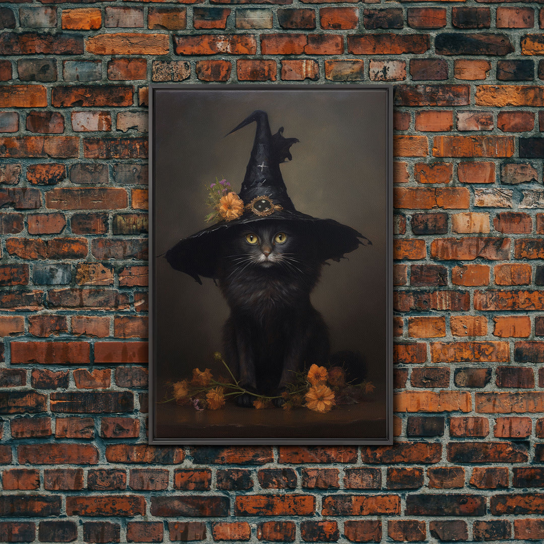 The Witch Cat With A Flower In Her Cap, Framed Canvas Print, Dark Academia Halloween Art, Victorian Cat Oil Painting, Goth Halloween Decor