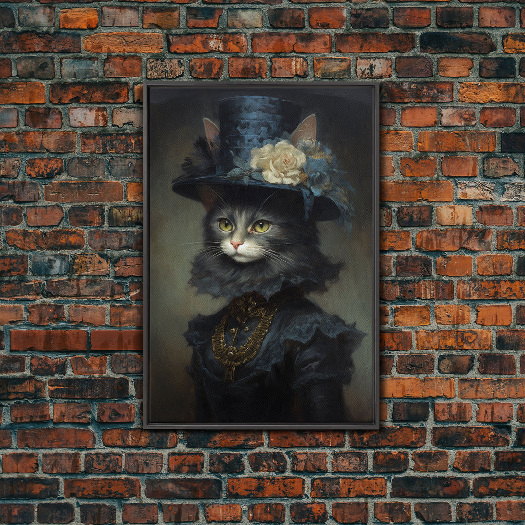 Victorian Cat Portrait, Framed Canvas Print, Oil Painting, Halloween Decor, Cute Halloween Wall Art, Funny Halloween Decor