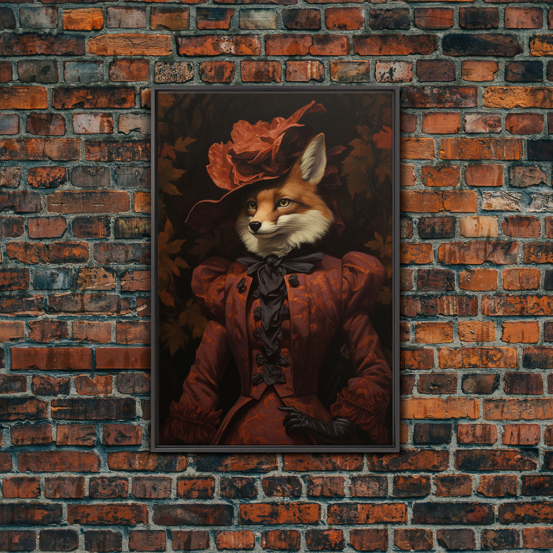 Victorian Lady Fox, Framed Canvas or Canvas Print, Halloween Decor, Dark Academia, Funny Halloween Decorations