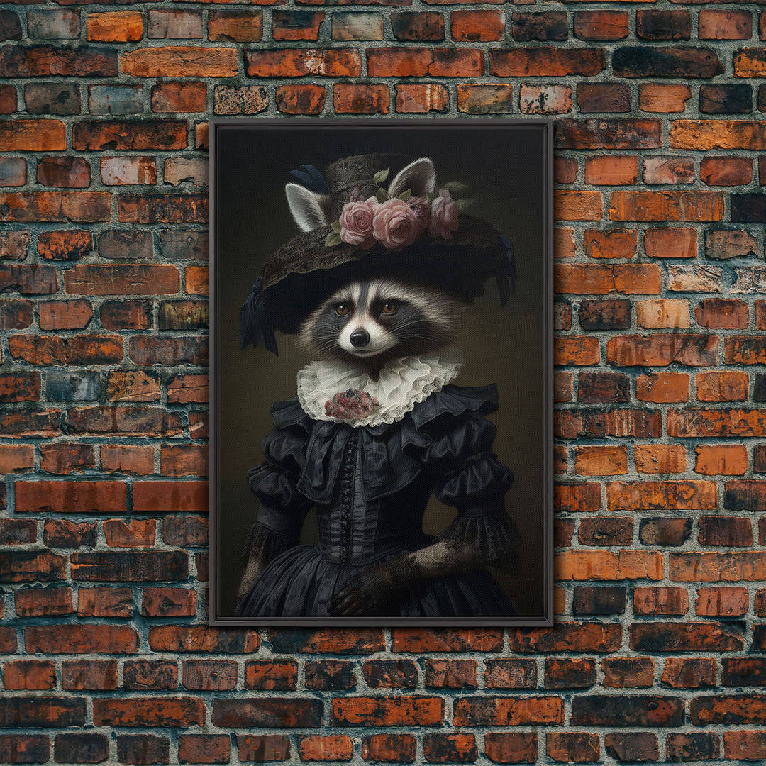 Fancy Victorian Lady Racoon, Framed Canvas Print Or Canvas, Victorian Animal Print Oil Painting, Funny Halloween Decor