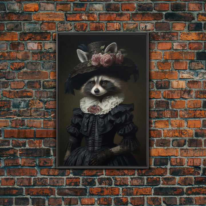 Fancy Victorian Lady Racoon, Framed Canvas Print Or Canvas, Victorian Animal Print Oil Painting, Funny Halloween Decor