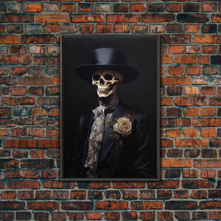 The Dapper Skeleton, Spooky Halloween Wall Art, Canvas Print, Framed Halloween Canvas Print, Dark Academia, Goth Art