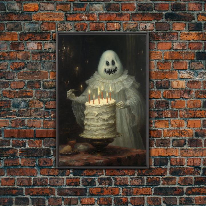 The Ghost And The Cake, Funny Halloween Art, Framed Canvas Print