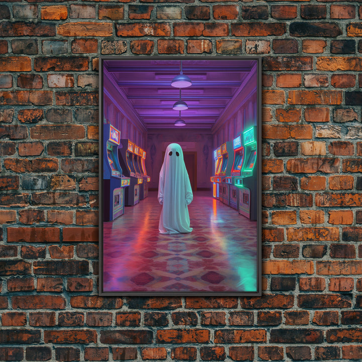 The Phantom Of The Arcade, Framed Canvas Print, Retro Vaporwave Halloween Mashup Art, Halloween Canvas Prints