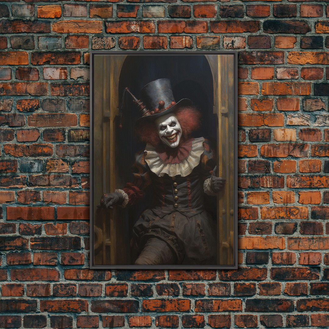 Scary Victorian Clown, Coulrophobia, Framed Canvas Print, Victorian Gothic Halloween Art, Oddities and Curiosities, Halloween Decoration