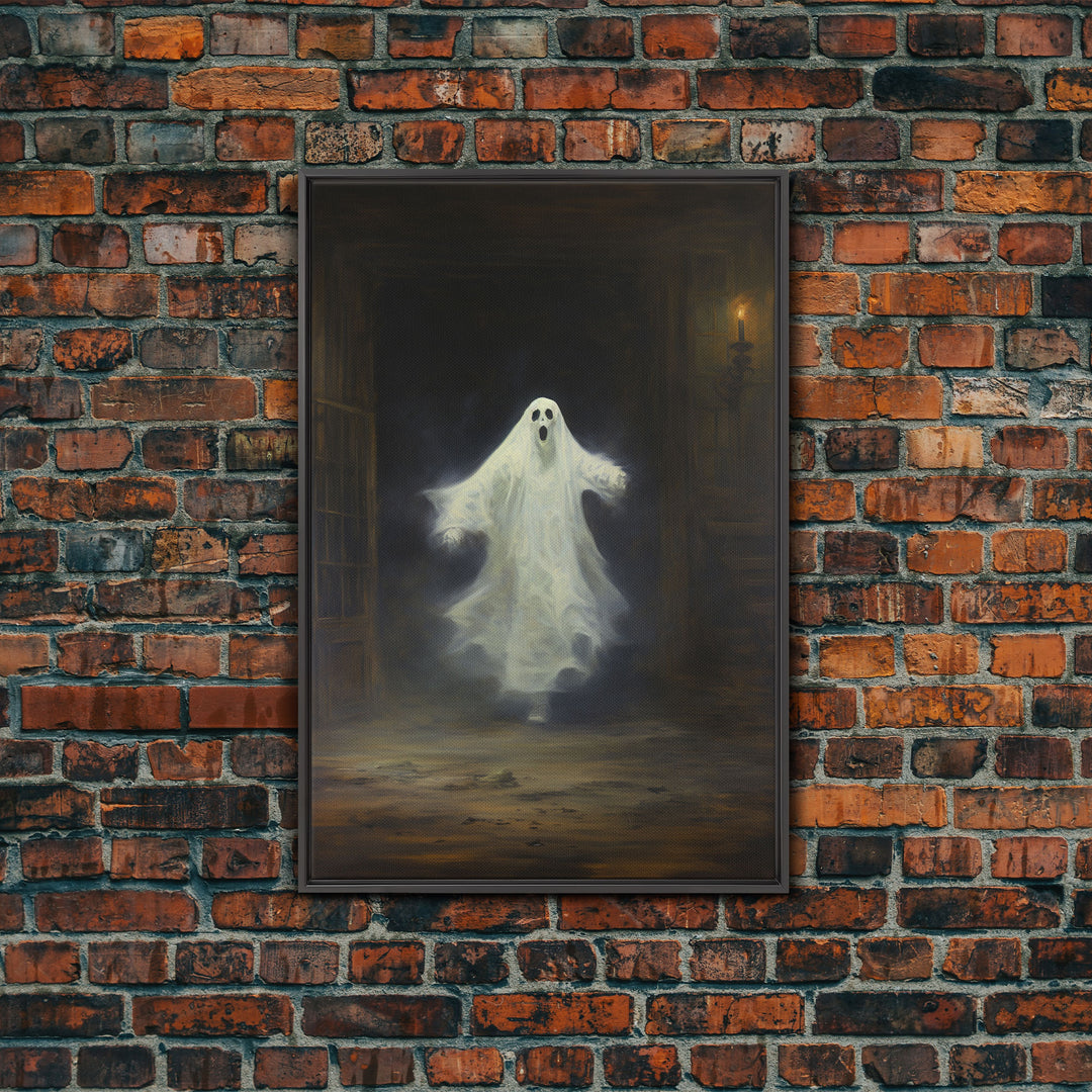 The Haunted Library, Spooky Gothic Victorian Ghost, Halloween Decor, Framed Canvas Print, Halloween Canvas Art