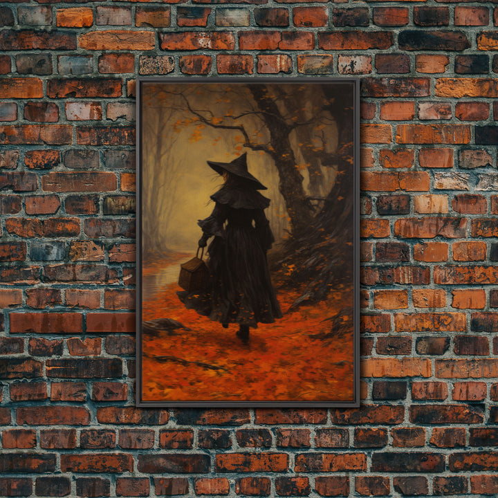 The Witch, Witch Decor, Halloween Witch, Framed Canvas, Retro Hallowen Wall Art, Halloween Canvas, Witch Painting, Fall Decor, Fall Leaves