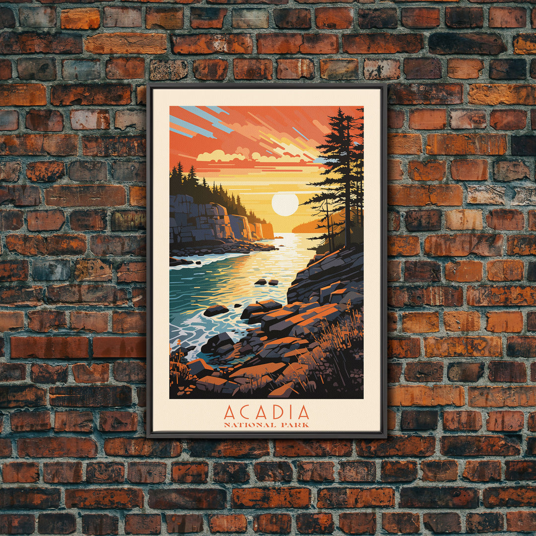 Acadia National Park, Framed Wall Art Canvas Print, Travel Poster, Travel Art, Roadtrip Decor, Cool Wall Art, Retro State Park Art