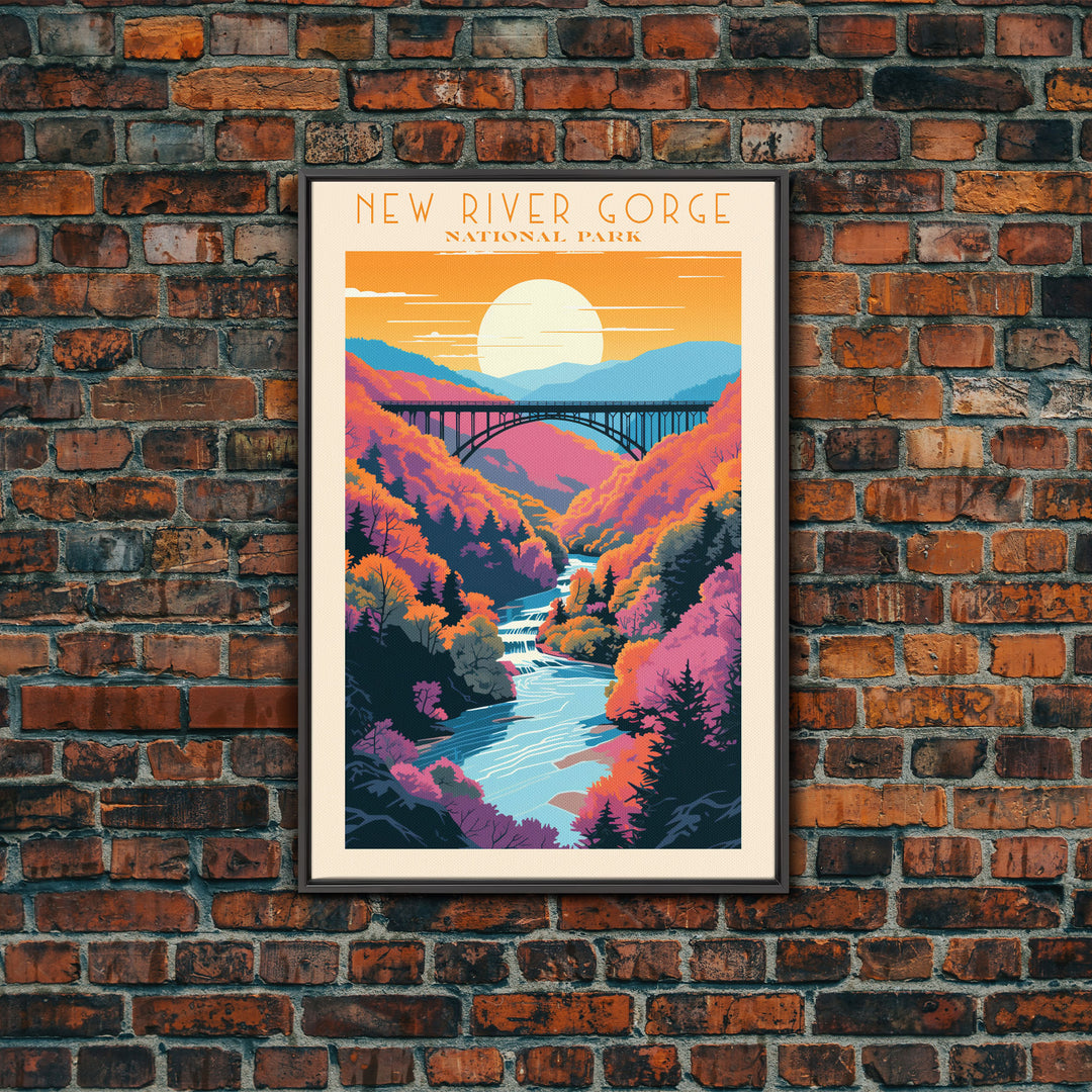 New River Gorge National Park, West Virginia Travel Art, National Park Print, Minimalist Travel Art, Midcentury Modern Retro Style Landscape