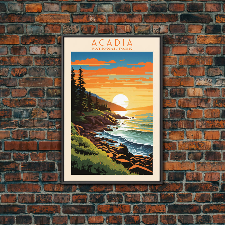 Acadia National Park, Framed Wall Art Canvas Print, Travel Poster, Travel Art, Roadtrip Decor, Cool Wall Art, Retro State Park Art, Pop Art