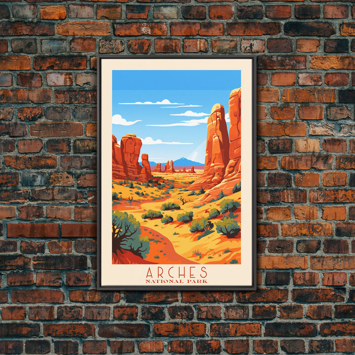 Arches National Park, Framed Wall Art Canvas Print, Travel Poster, Travel Art, Roadtrip Decor, Cool Wall Art, Retro State Park Art