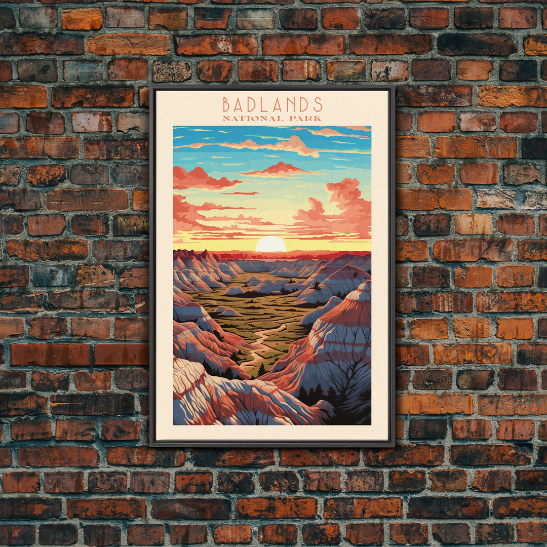 Badlands National Park, Framed Wall Art Canvas Print, Travel Poster, South Dakota Travel Art, Roadtrip Decor, Cool Art, Retro State Park Art