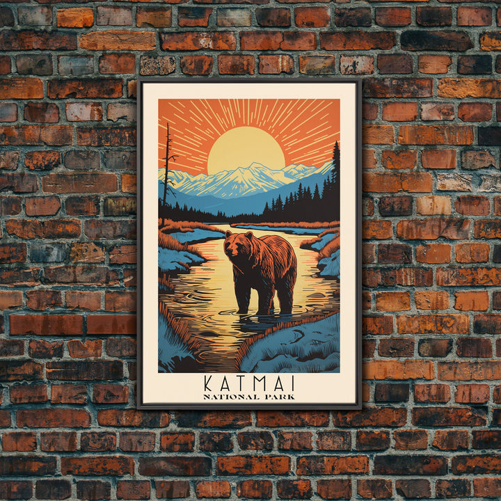 Katmai National Park, Alaska Travel Art, National Park Print, Minimalist Travel Art, Midcentury Modern Retro Style Landscape