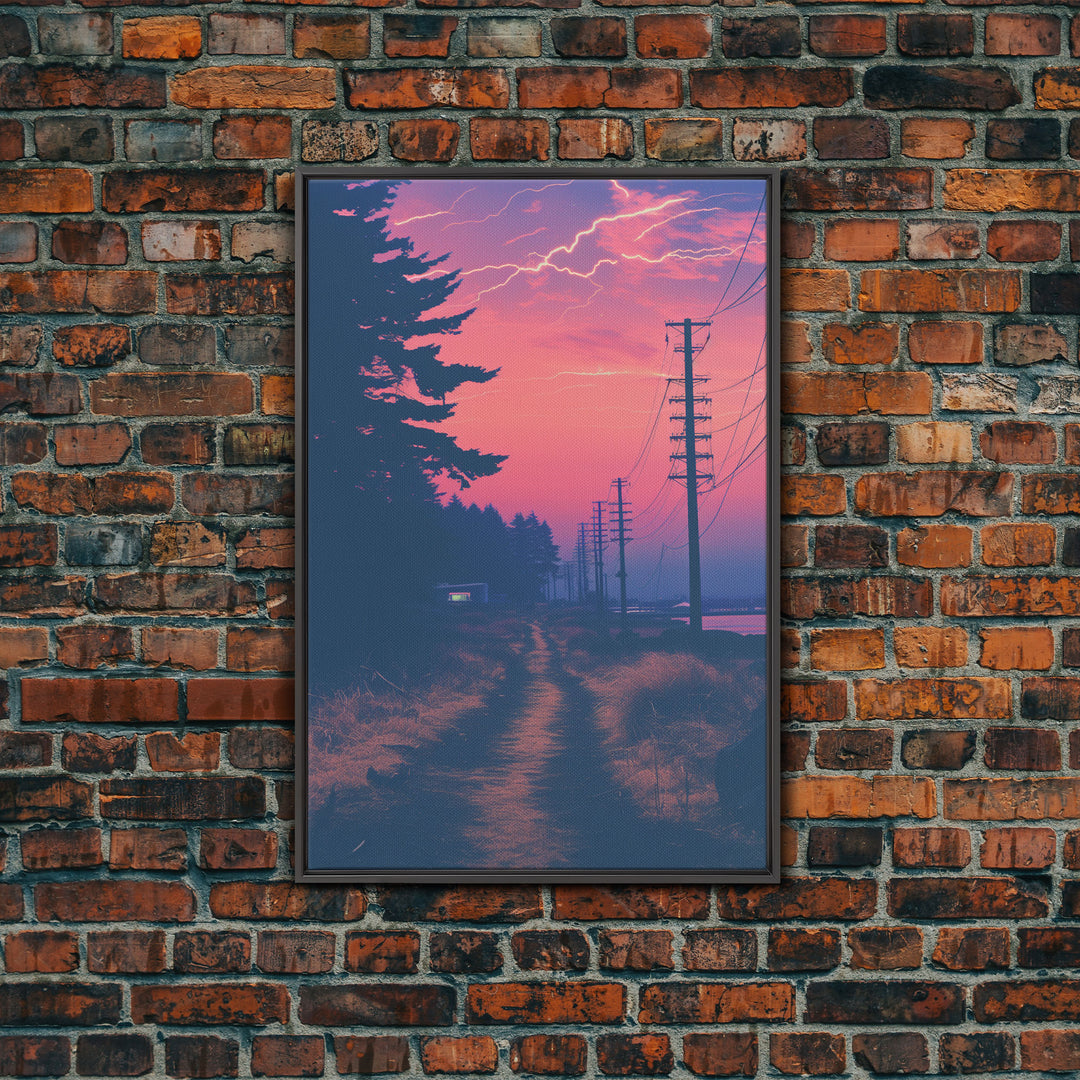 Lightning At Sunset, Framed Canvas Print, Vaporwave Aesthetic Wall Art, Liminal Spaces Photography Print, Dorm Room Decor, Retro Art