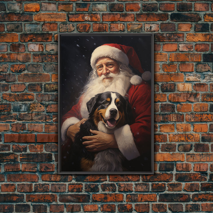 Santa Claus and his Bernese Mountain Dog, Cute Dog Art, Framed Canvas Print, Christmas Art, Christmas Decor, Christmas Art Print, Cute Dog