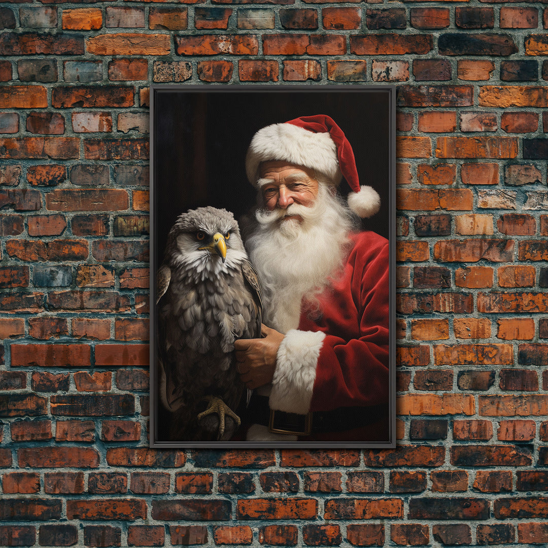 Santa Holding An Eagle, Framed Canvas Print, Christmas Wall Art, Xmas Art, Christmas Art Print, Santa Decor, Farmhouse Christmas Eagle Print