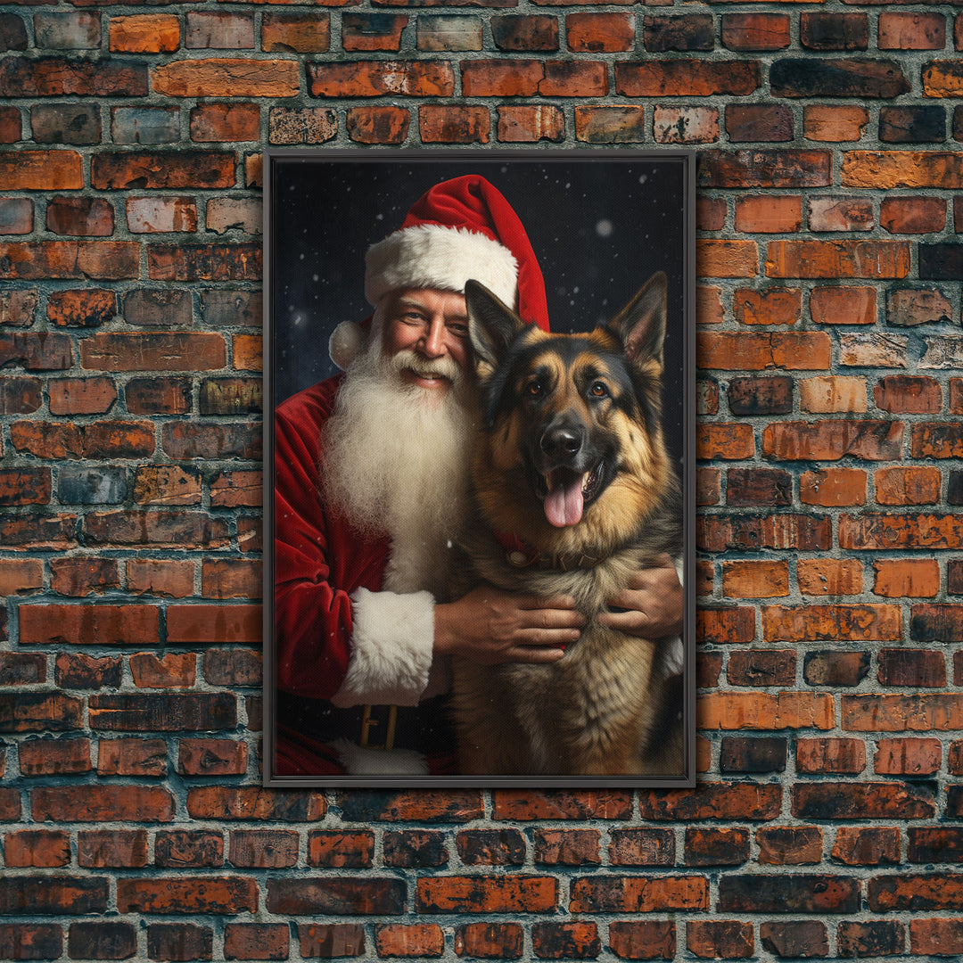 Santa Holding A German Shepherd, Framed Canvas Print, Christmas Wall Art, Xmas Art, Christmas Art Print, Santa Decor, Farmhouse Christmas