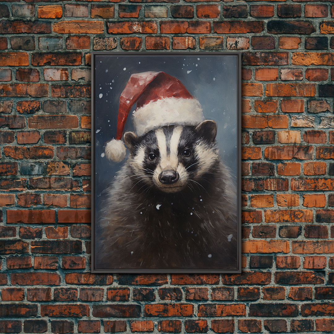 Cute Christmas Badger In A Santa Hat, Framed Canvas Print, Christmas Art, Christmas Decor, Christmas Art Print, Christmas Wall Art