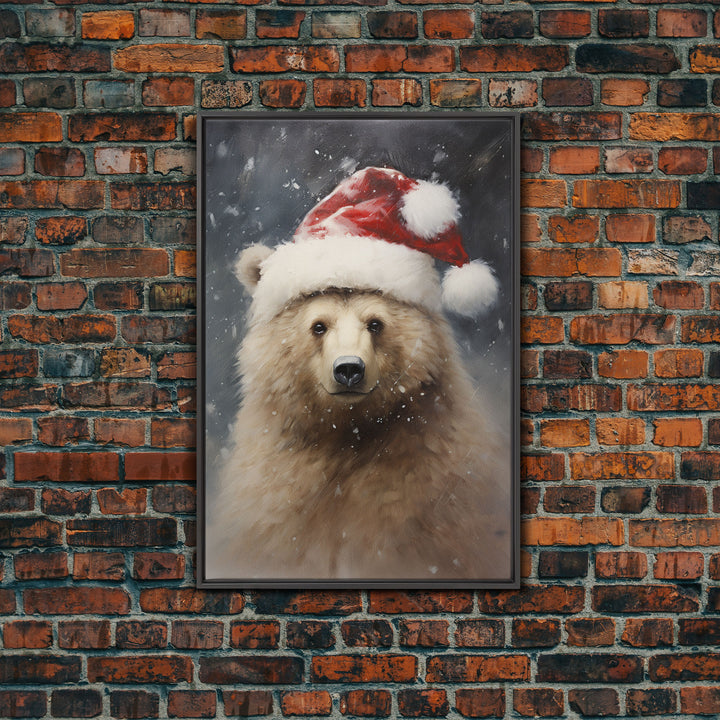 Cute Christmas Bear In A Santa Hat, Christmas Art, Christmas Decor, Christmas Wall Art, Christmas Painting, Vintage Christmas