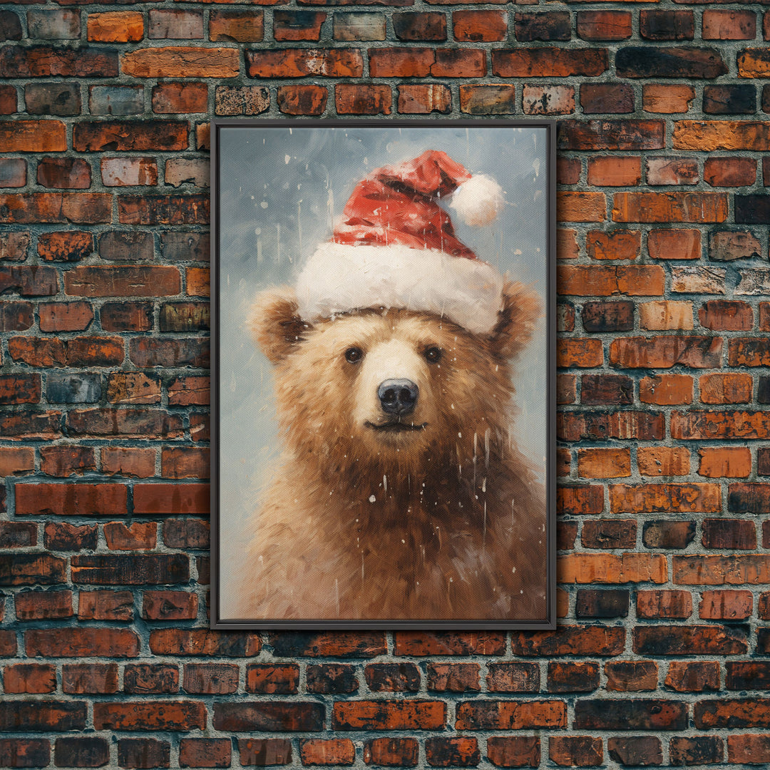 Cute Christmas Bear In A Santa Hat, Framed Canvas Print, Christmas Art, Christmas Decor, Christmas Art Print, Christmas Wall Art