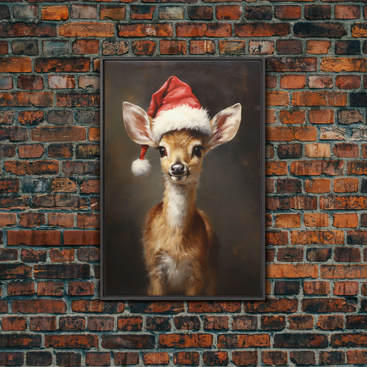 Cute Deer Wearing A Santa Hat, Christmas Decor, Woodland Animals, Christmas Wall Art, Winter Decor, Holiday Decor, Seasonal Decor