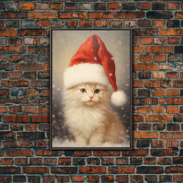 Cute White Kitten In A Christmas Hat, Farmhouse Christmas, Farmhouse Decor, Framed Canvas Print Seasonal Wall Art Winter Decor Christmas Art