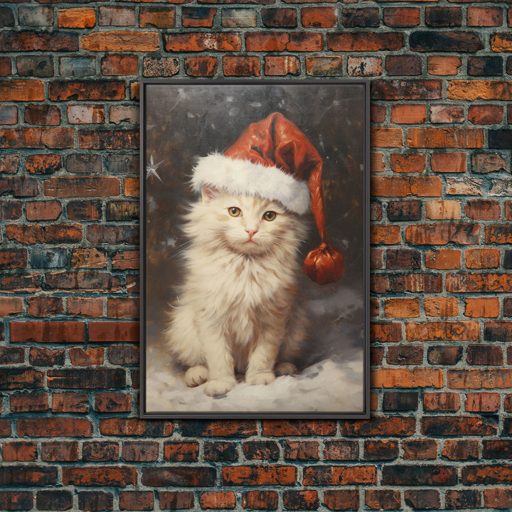 Christmas Cat In A Christmas Hat, Farmhouse Christmas, Farmhouse Decor, Framed Canvas Print, Seasonal Wall Art, Winter Decor, Christmas Art