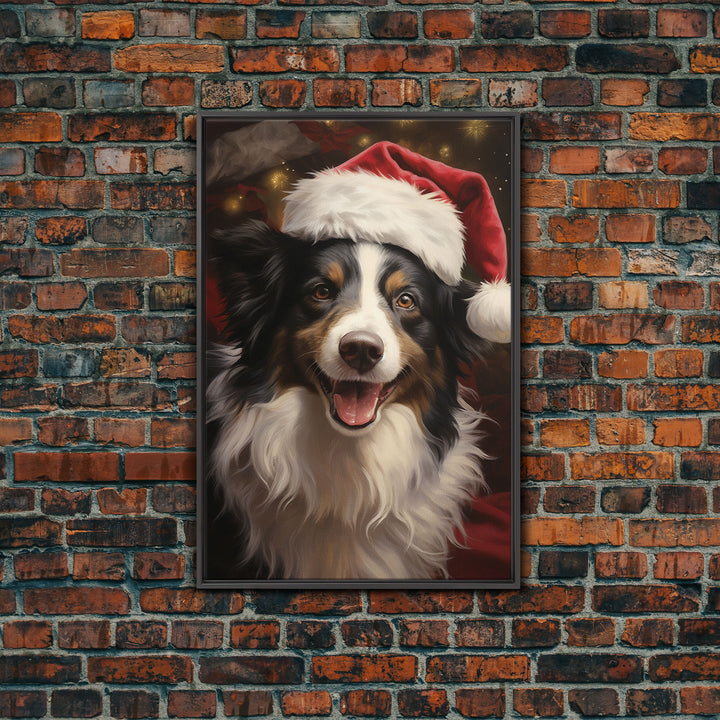 Cute Border Collie In A Santa Hat, Framed Canvas Print, Christmas Decor, Holiday Decor, Seasonal Wall Decor, Farmhouse Christmas