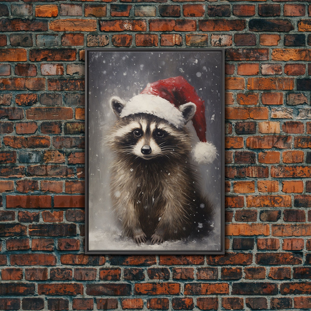 Cute Christmas Raccoon In A Santa Hat, Christmas Art, Christmas Decor, Christmas Wall Art, Farmhouse Christmas, Vintage Christmas Raccoon