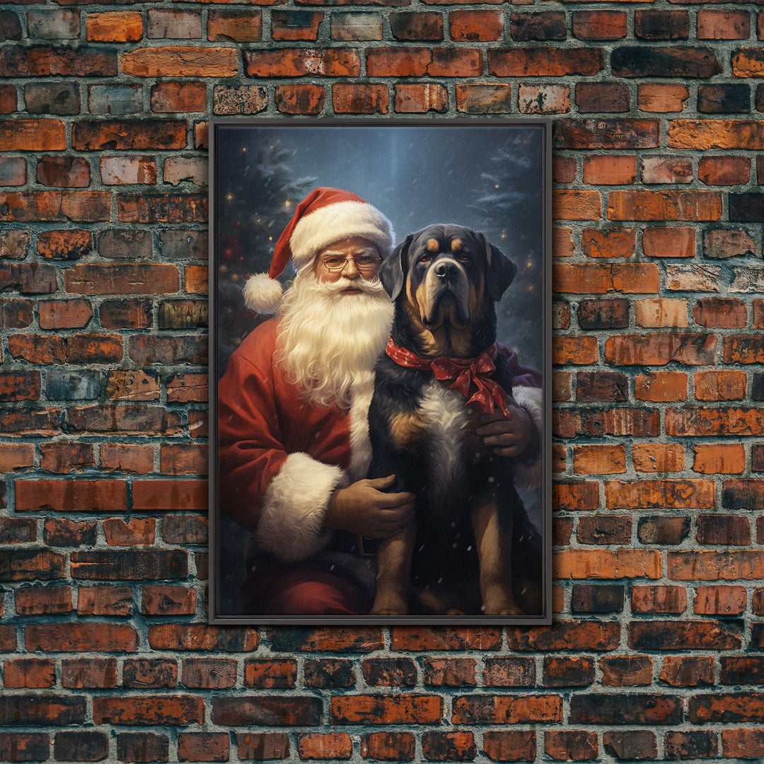 Santa Holding A Rottweiler, Framed Canvas Print, Christmas Wall Art, Xmas Art, Christmas Art Print, Santa Decor, Farmhouse Christmas