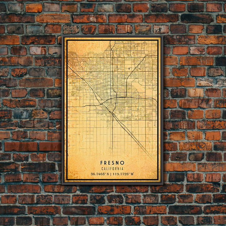 Distressed Fresno California Map, Framed Canvas Print Or Poster, California Map Print, Freso City Wall Art Map Print, Rustic Map Art