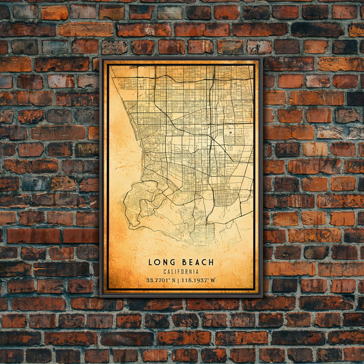 Long Beach map print poster or framed canvas | California map print poster canvas | Long Beach city map print poster canvas, distressed map